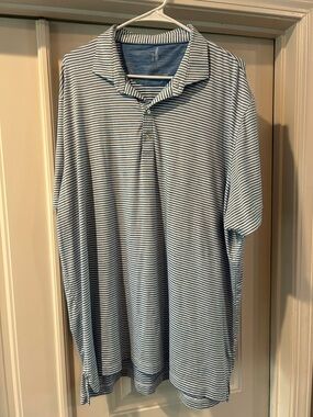 Johnnie-O Men's Blue and White Striped Polo Shirt Size XXL